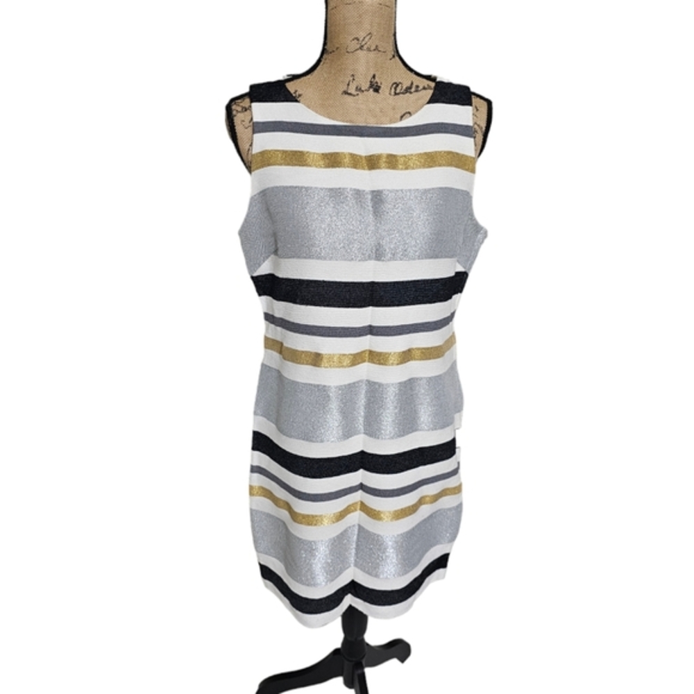 Badgley Mischka Striped Sleeveless Dress Metallic Gold Silver Black White Sz 10